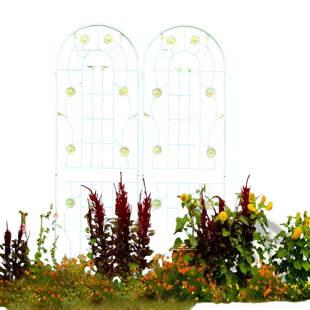 71 inch white metal garden trellis 2 pack with arched support featuring floral and vine designs