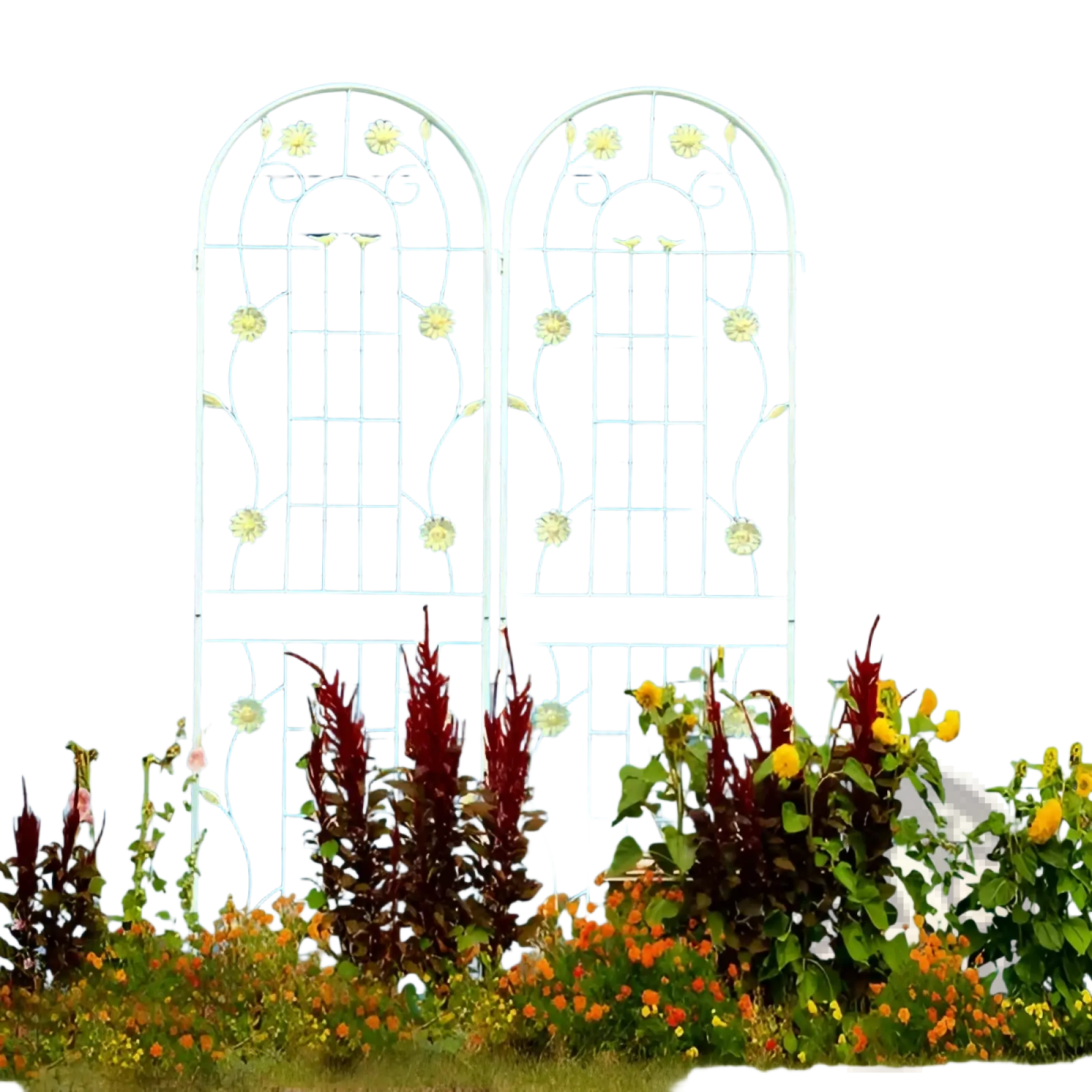 71 inch white metal garden trellis 2 pack with arched support featuring floral and vine designs