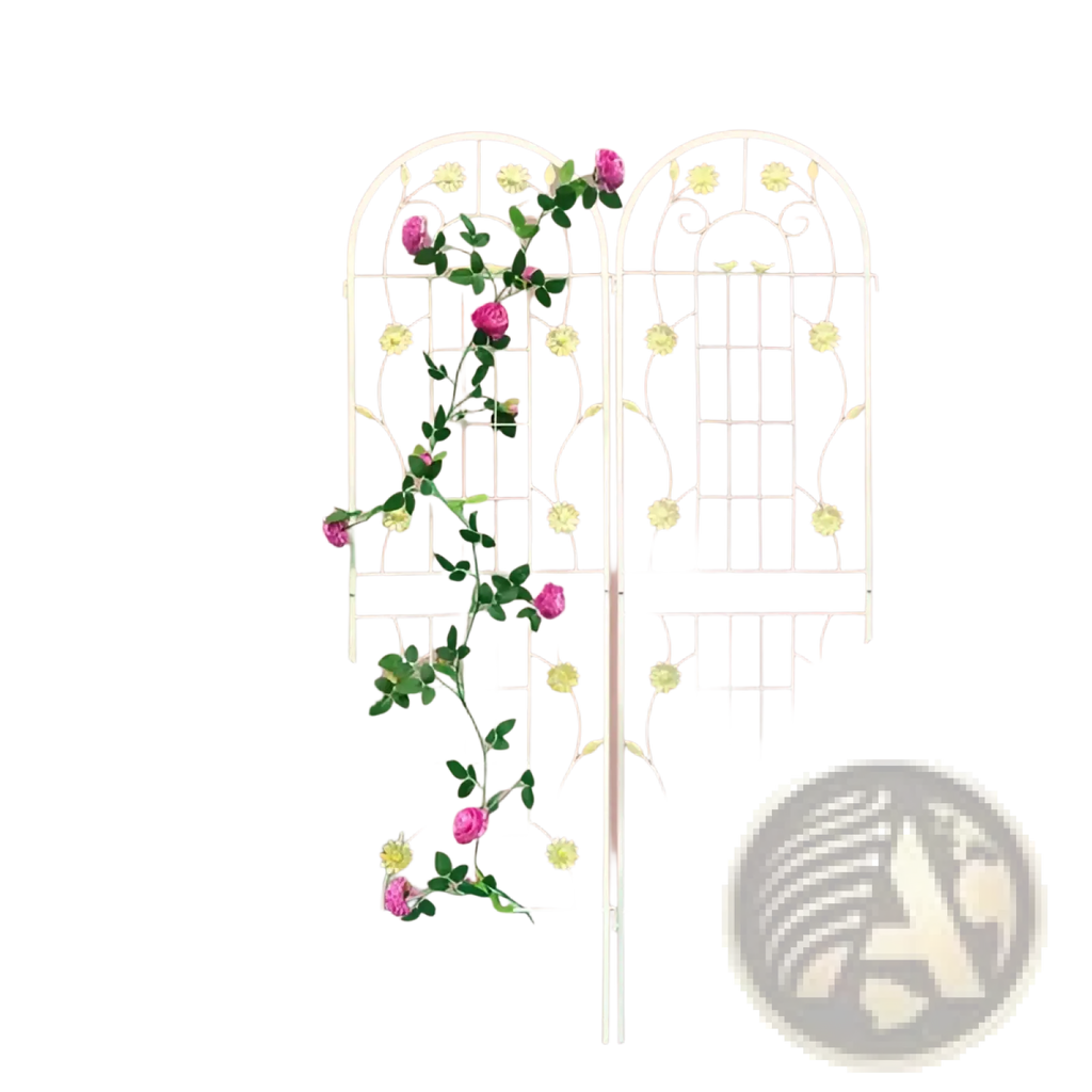 71 inch white metal garden trellis 2 pack with arched top and floral designs featuring pink roses climbing vines