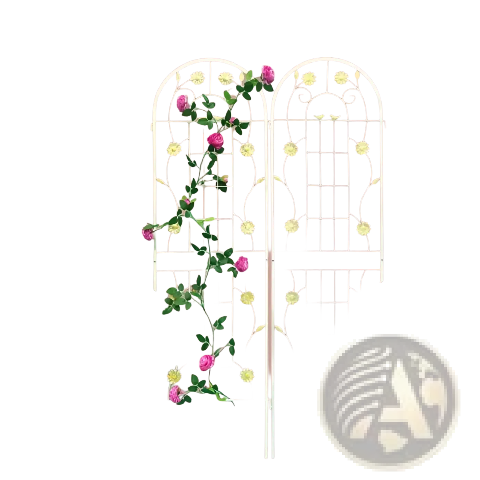 71 inch white metal garden trellis 2 pack with arched top and floral designs featuring pink roses climbing vines