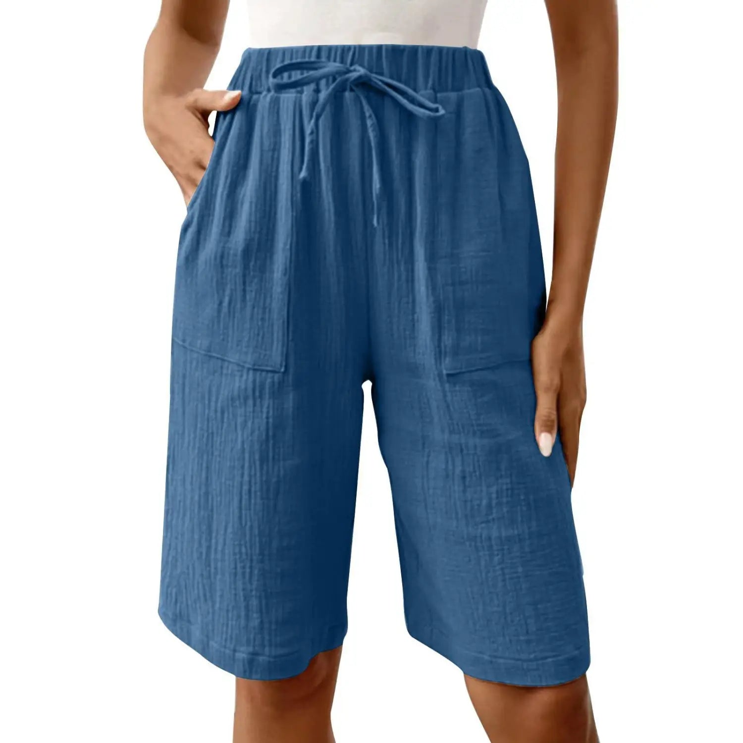 Pantalons capri décontractés en coton bleu à cordon de serrage, en tissu en lin, avec lien à la taille et deux poches avant.