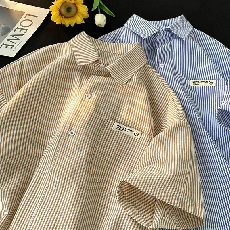 Plus size casual shirt featuring beige and navy blue stripes short-sleeve button-up design with a new fashion patch on the chest.