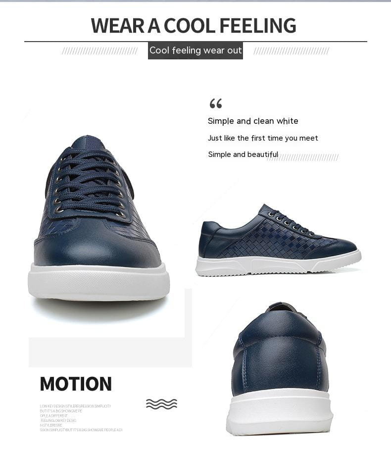 Zapatillas casuales de cuero tejido para hombre en azul oscuro con suelas de goma blancas y un panel lateral con textura