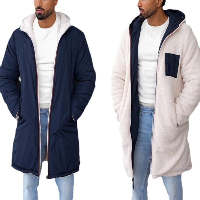 Men reversible shearling winter hooded coat in navy blue and cream with fleece lining and front pocket.