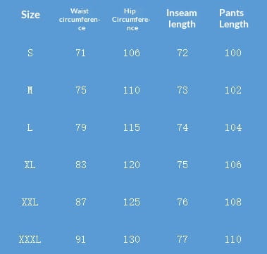 Blue table displaying size chart for mens utility zip up workwear set pants.
