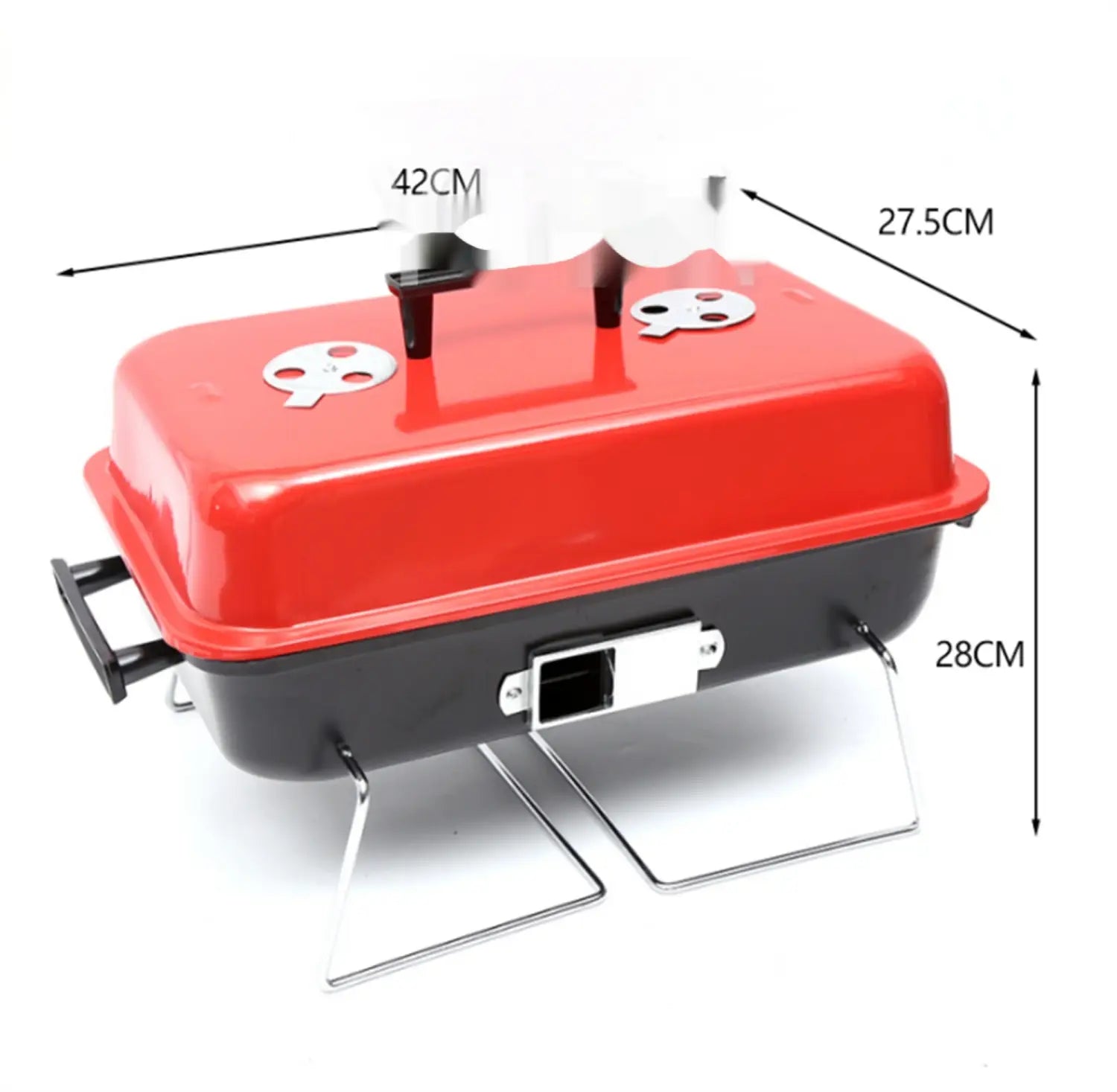 Red and black portable charcoal grill with silver metal legs handle and skull-shaped vents featuring a 30 stainless steel skewers set for outdoor cooking.