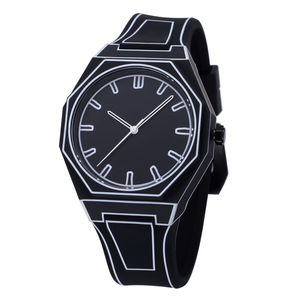 Black octagonal modern minimalist waterproof silicone watch featuring white geometric outlines and a minimalist dial.