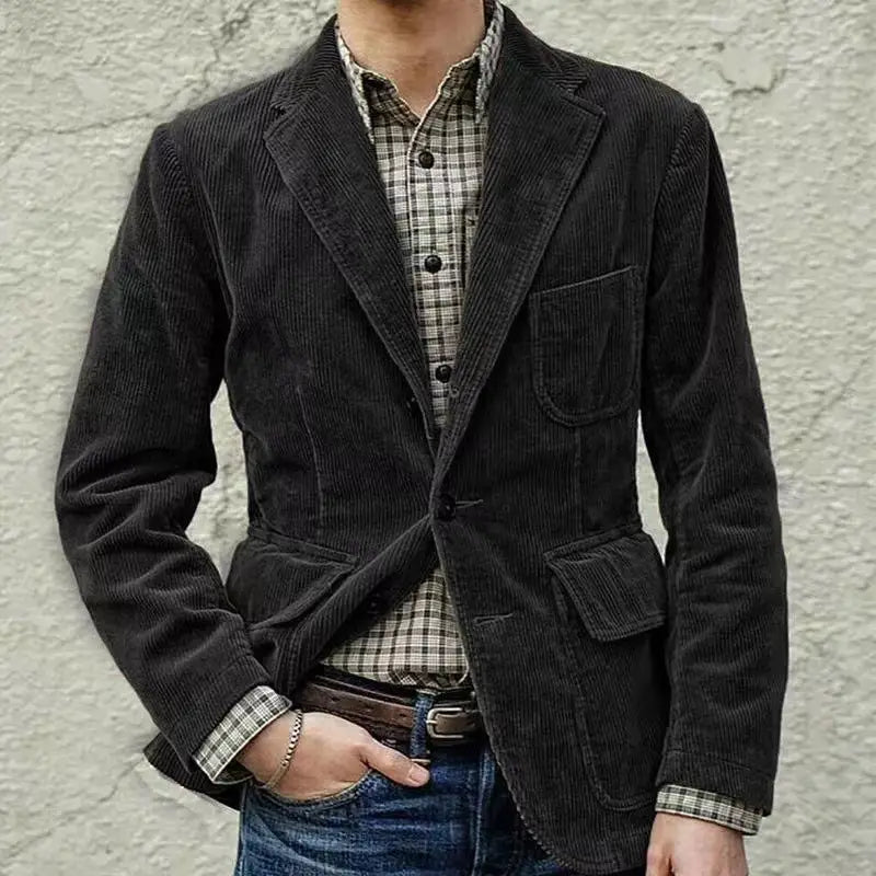 Dark gray corduroy blazer with a classic fit and two front flap pockets for a minimalist retro casual look.