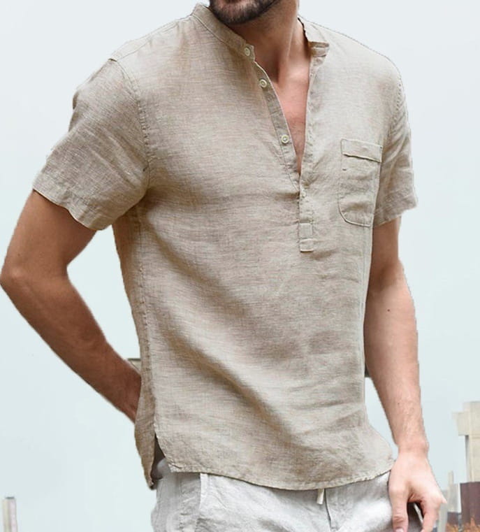 Beige linen blend men’s casual short sleeve summer shirt with button-down front and chest pocket.