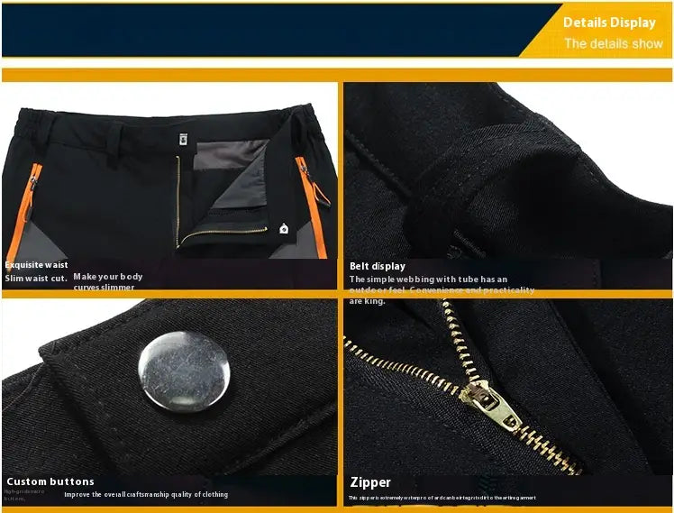 Men’s waterproof tactical hiking pants in black featuring orange zipper accents and a silver button.