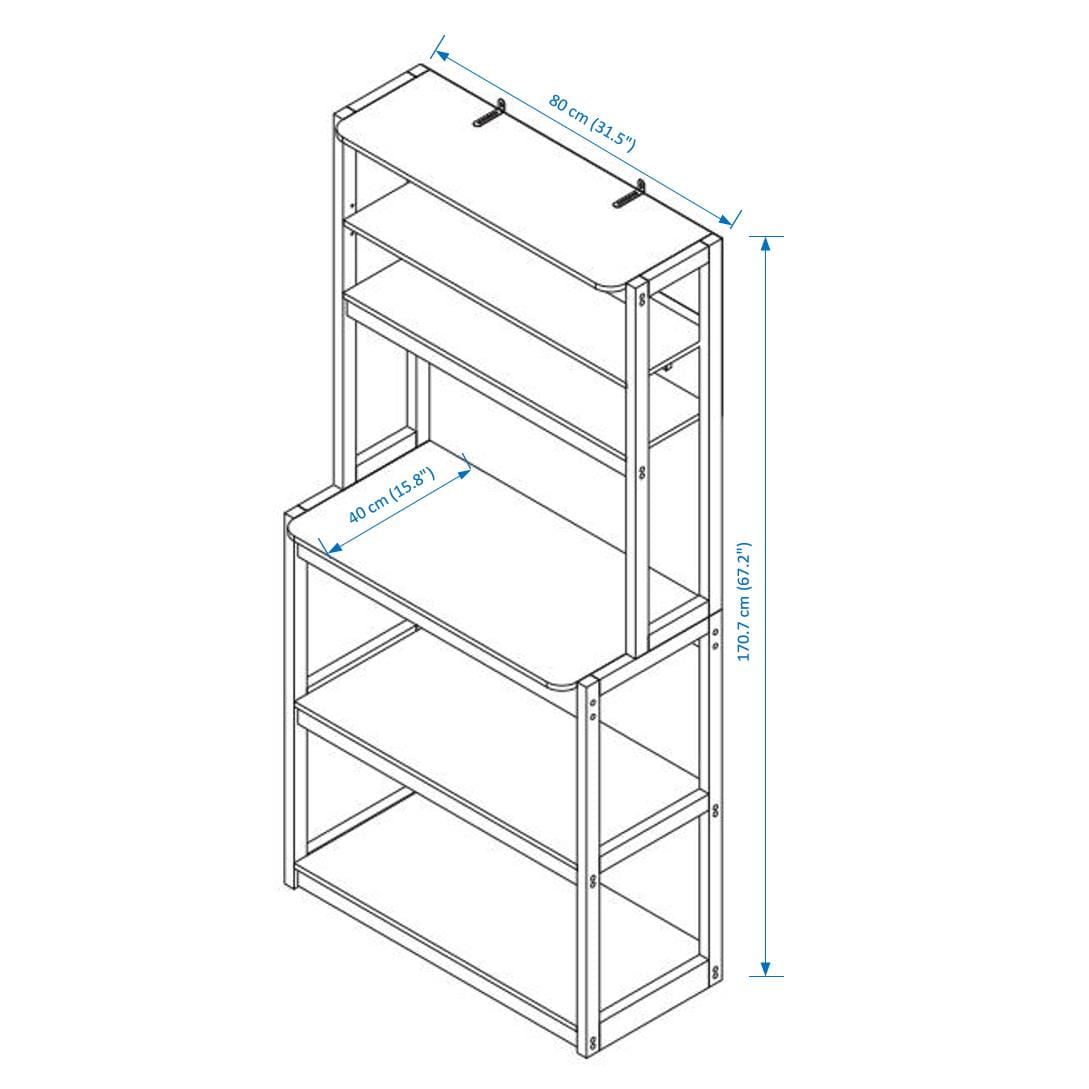 Black metal 5-tier kitchen bakers rack microwave stand with four shelves and a top-mounted shelf measuring 80 cm wide by 170.7 cm tall in white and black.