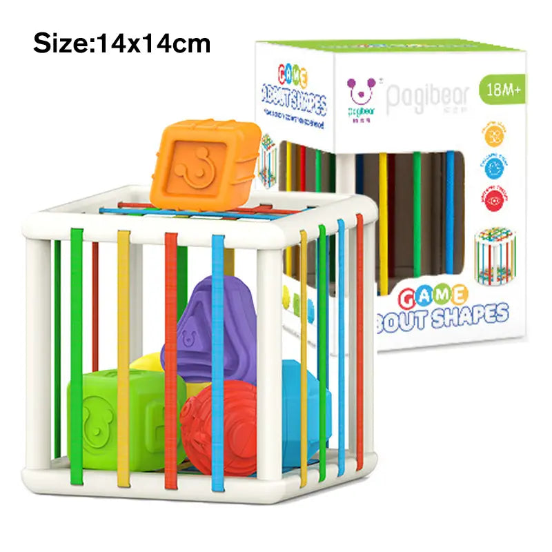 Jouet trieur de formes Montessori pour jeux sensoriels de bébé, comprenant des formes en plastique colorées avec un cadre blanc et des barres verticales de couleur arc-en-ciel.