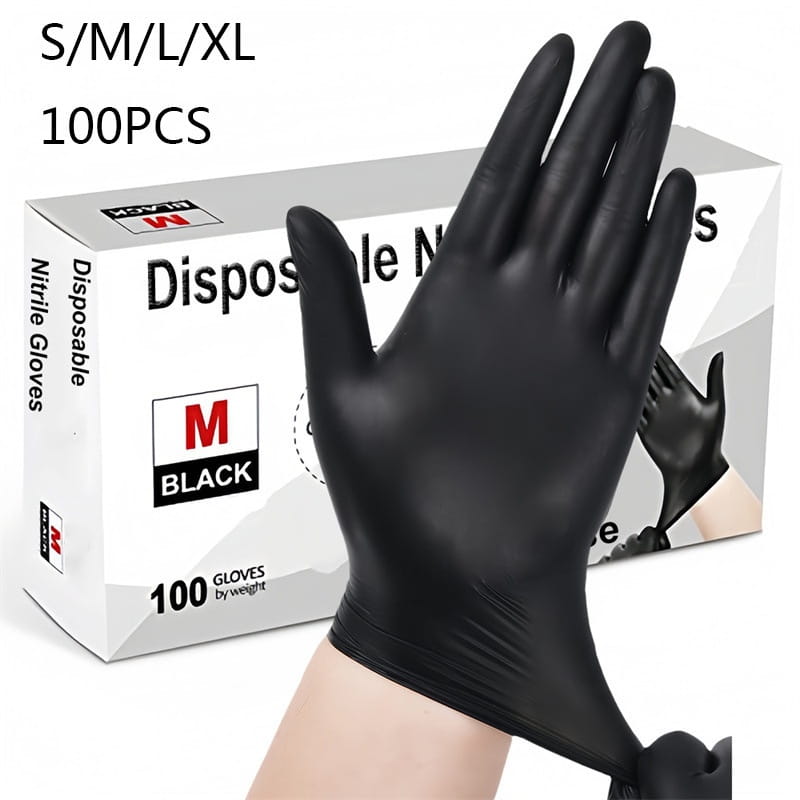 black nitrile disposable gloves size medium shown in a 100 pack suitable for medical and industrial use