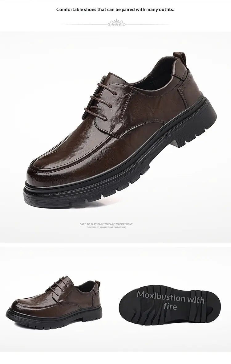 Men’s trendy chunky leather elevating casual shoe in black patent leather with lace-up design and rubber sole.
