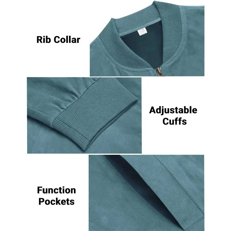 Men suede casual retro jacket in teal with ribbed collar adjustable cuffs and functional pockets.