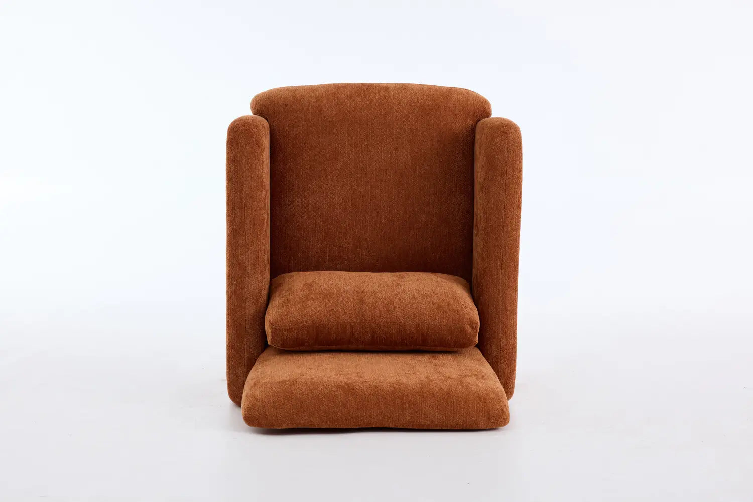 Ein gemütlicher, rustfarbenen Samt moderner Bouclé-Akzent-Sessel mit gepolstertem Sitz- und Rückenbereich, gestaltet als gepolsterter Orange-Sofa.