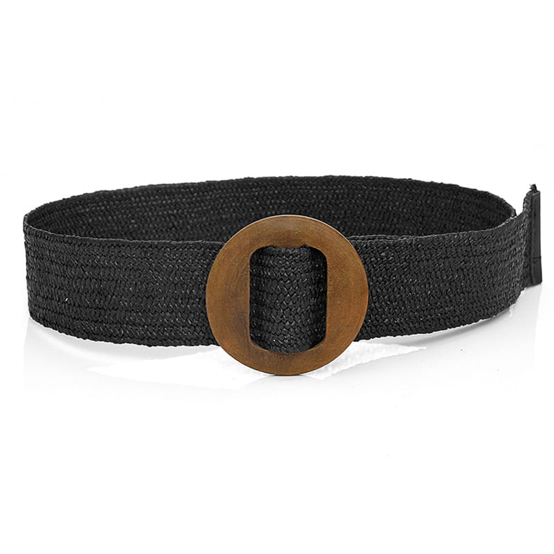 Black woven elastic belt with a bronze-colored oval buckle shown from the front.