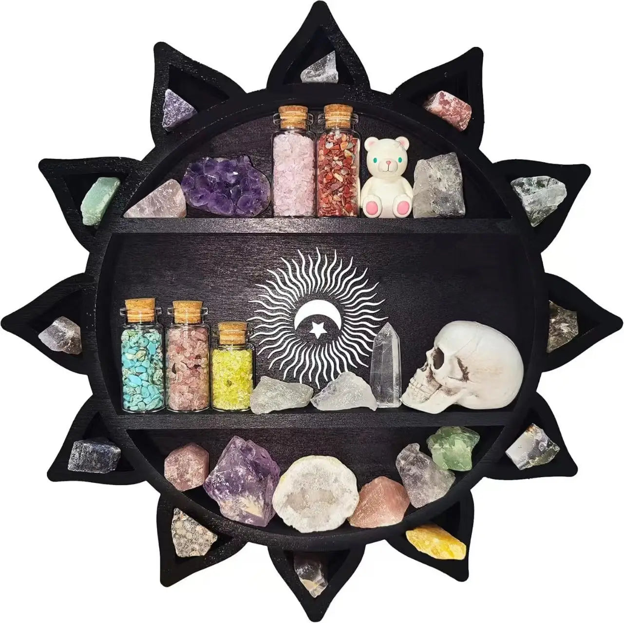 Black sun-shaped wooden floating shelf displaying petrified wood and crystals for decorative storage.