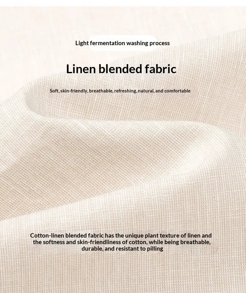 men linen mandarin collar slim shirt made of beige linen cotton blended fabric with a soft breathable texture and subtle woven pattern