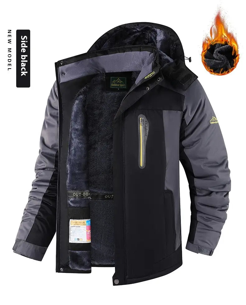 Herren-Fleece-gefütterte Winterjacke, dicker Baumwollmantel, in Schwarz und Grau, mit Kapuze, die mit plüschigem Fleece gefüttert ist, Seitentaschen und verstärkten Nähten für Langlebigkeit.