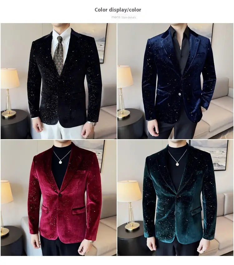 Veste de costume en velours à paillettes pour homme, coupe slim, avec un blazer en velours scintillant et une finition en paillettes étincelantes, disponible en noir, bleu marine, bordeaux et vert émeraude.