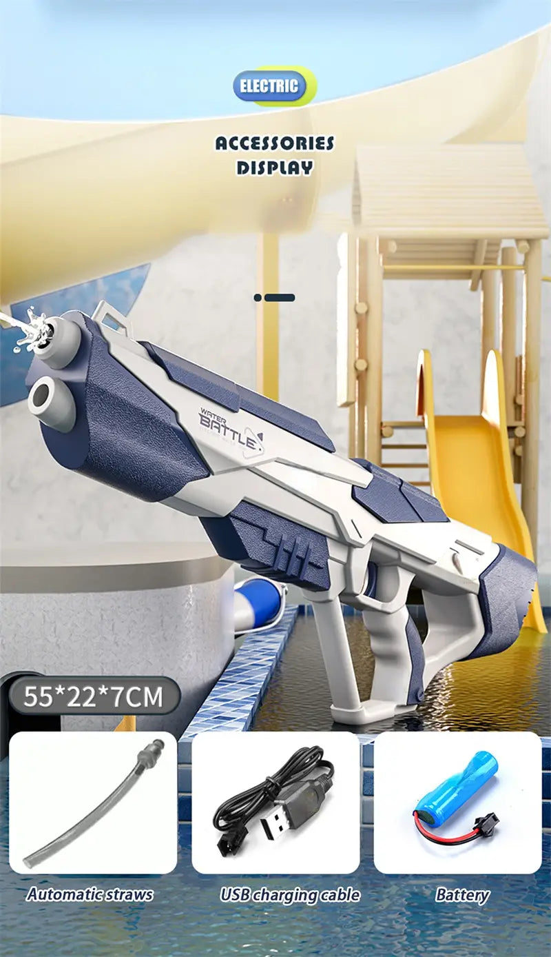 Blue and white electric water gun with battle branding featuring automatic glock design and 358ml capacity for kids.