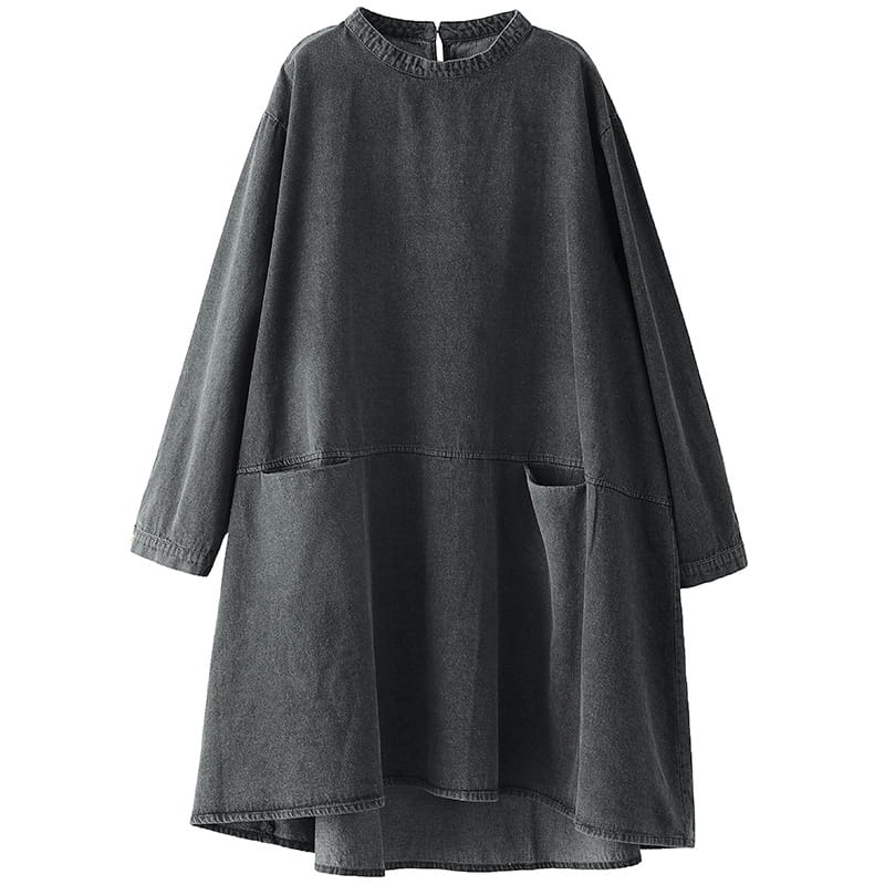 Retro artistic plus size dark gray denim tunic dress featuring a loose fit, high neckline, and two front pockets.