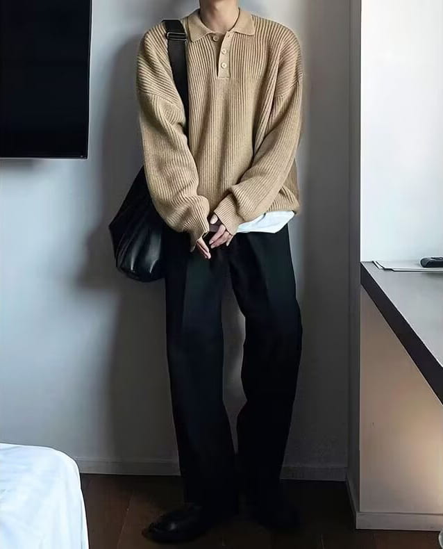 beige ribbed knit polo shirt with classic collar and buttoned front long sleeve knit sweater for men