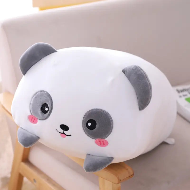 Cute white and gray plush panda pillow with pink cheeks and embroidered facial features soft cartoon doll for kids.
