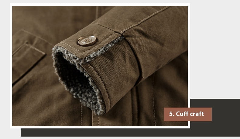 mens fleece lined winter cotton jacket brown corduroy cuff with silver button and plush gray shearling lining visible