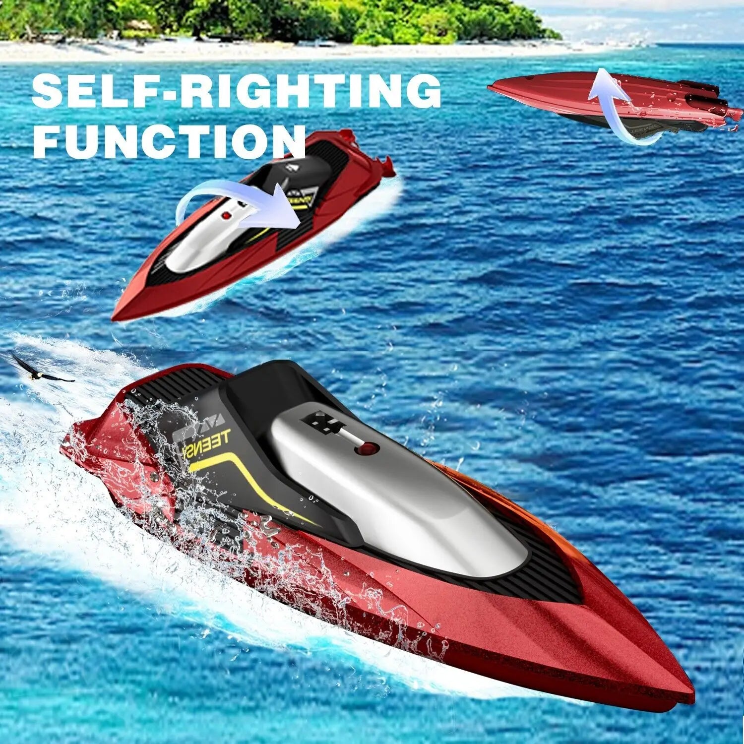Bateau à moteur télécommandé rouge et noir avec des accents argentés, offrant un design élégant et une identité de marque pour adolescents provenant de la gamme de produits du bateau de course rapide Rc Boat 4drc S5 pour enfants.