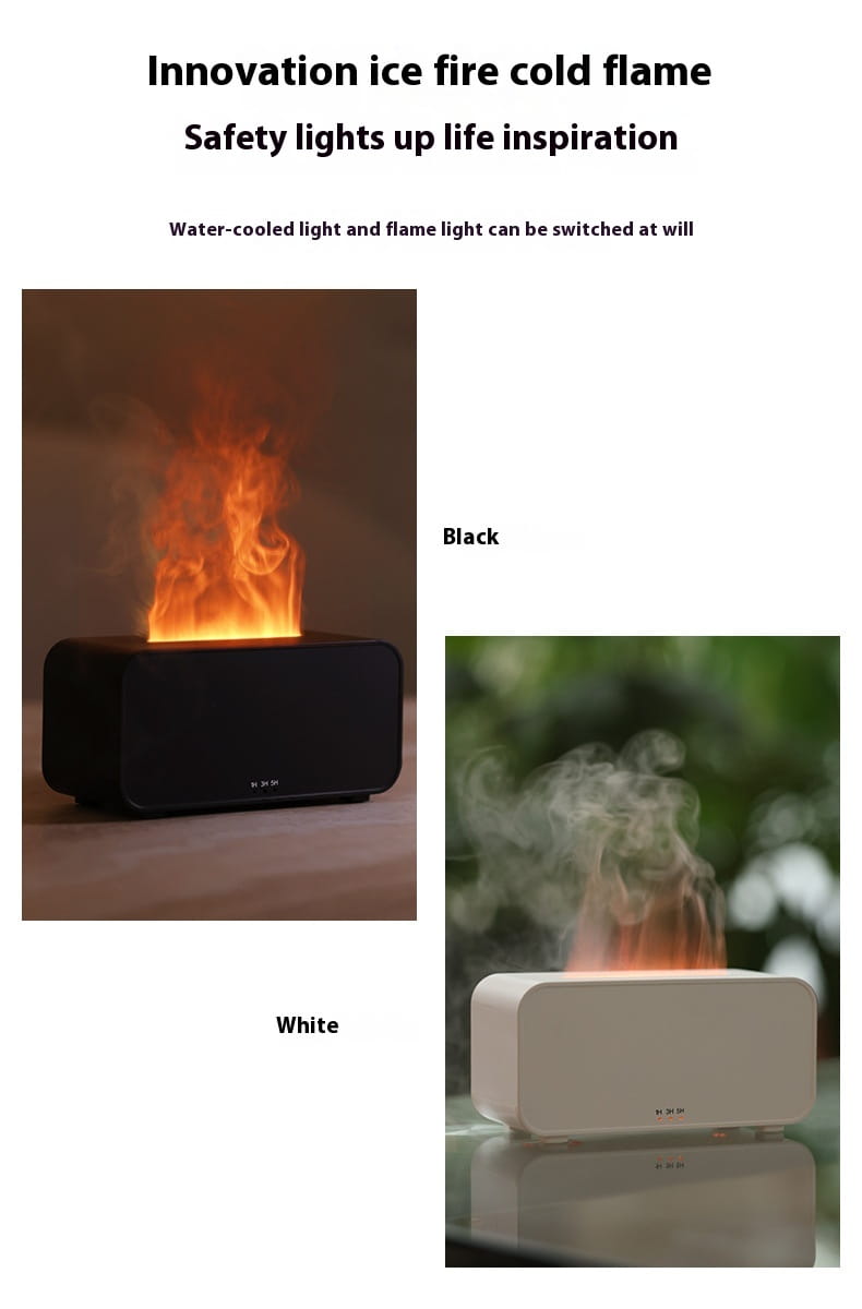 Black or white rectangular flame diffuser humidifier with jellyfish mist effect and flame lighting designed to simulate water-cooled fire and cold flame ambiance.