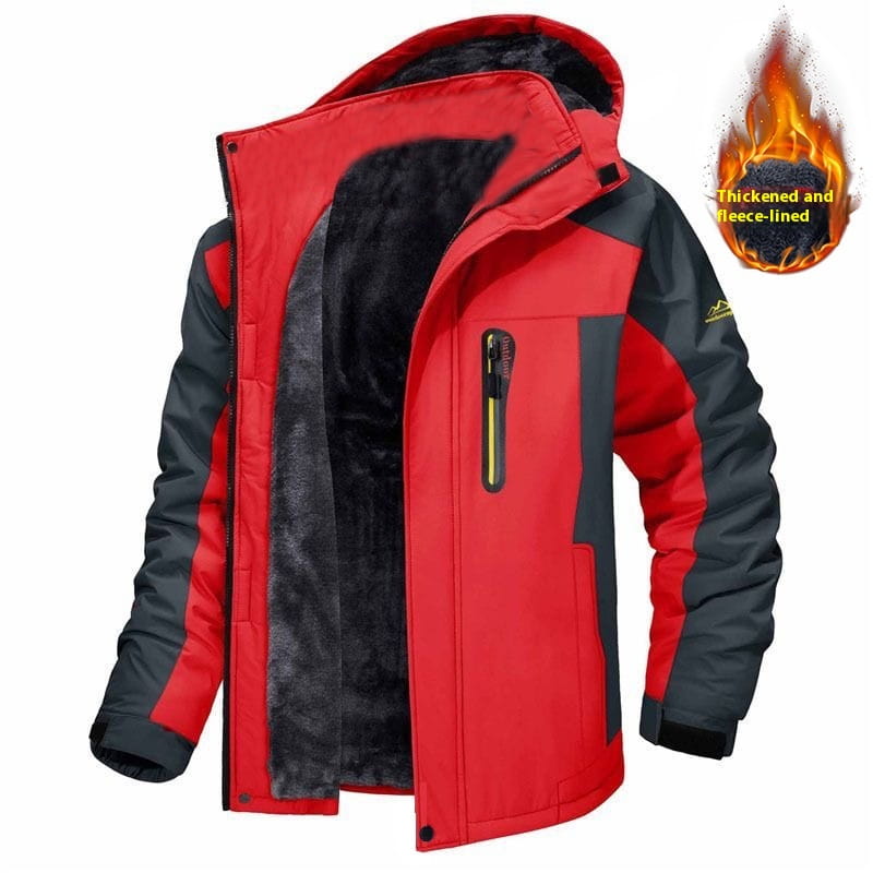 Men’s mid length fleece lined insulated winter jacket in red and black featuring fleece lining for enhanced warmth.