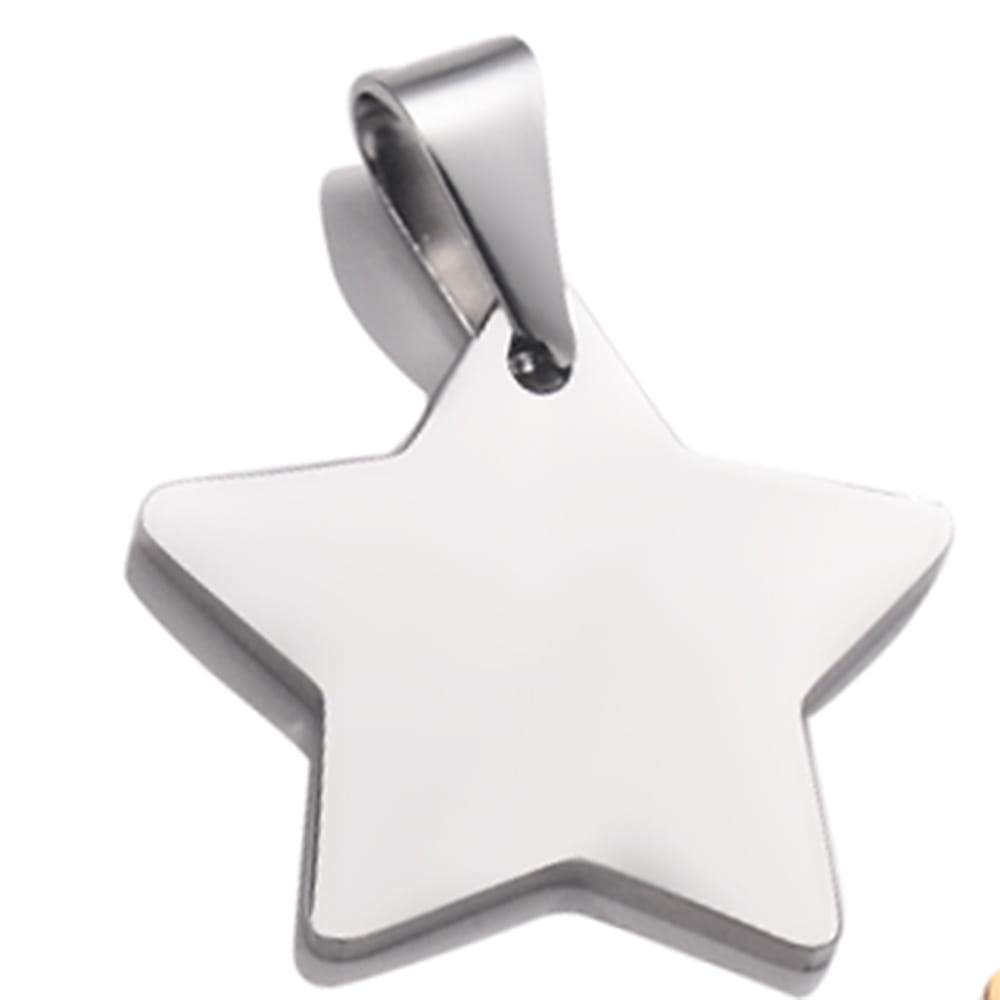 A sleek silver-toned star pendant made of polished stainless steel with a smooth reflective surface and sturdy loop for necklace attachment.
