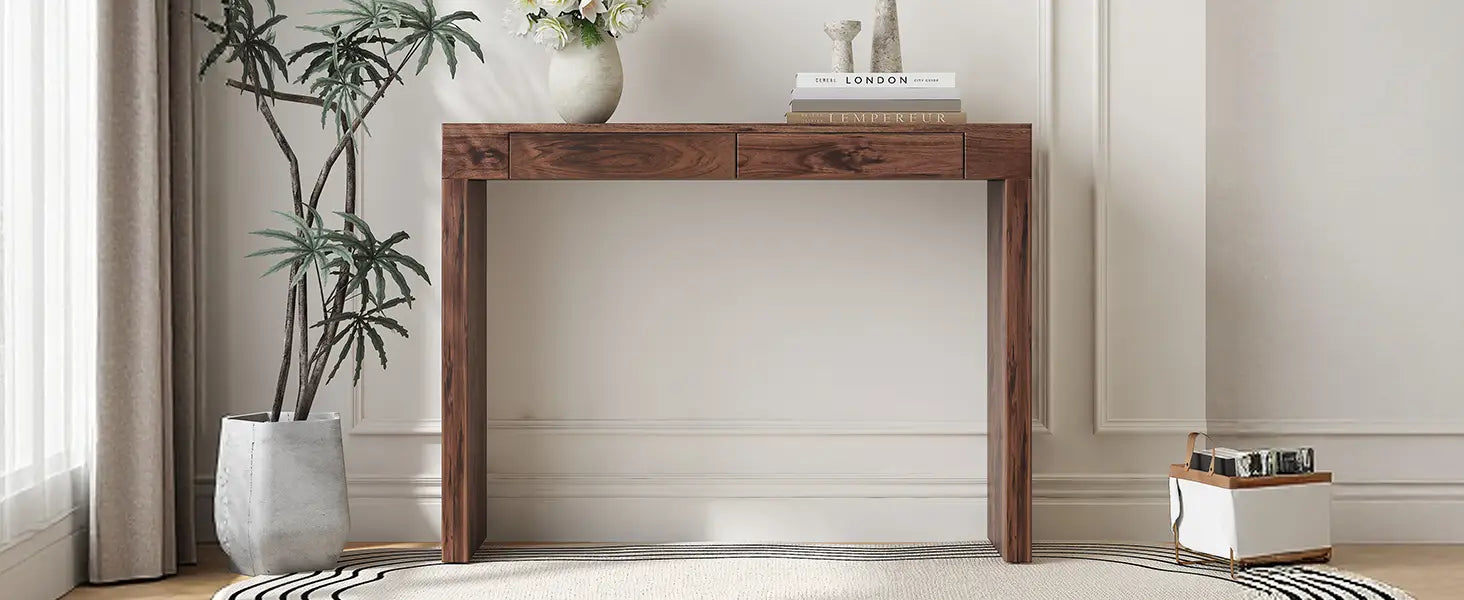 dark wood console table with two drawers and minimalist design made of walnut wood measuring 50 inch ideal for use as a bar table