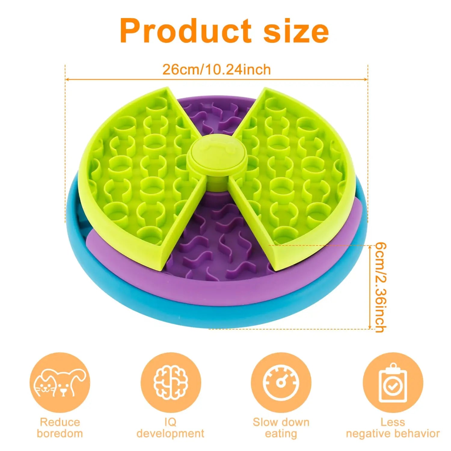 Bol à alimentation lente pour tapis à lécher et puzzle distributeur pour chien 3-en-1 aux couleurs vives, en silicone à plusieurs couches, avec un design segmenté vert citron et violet.