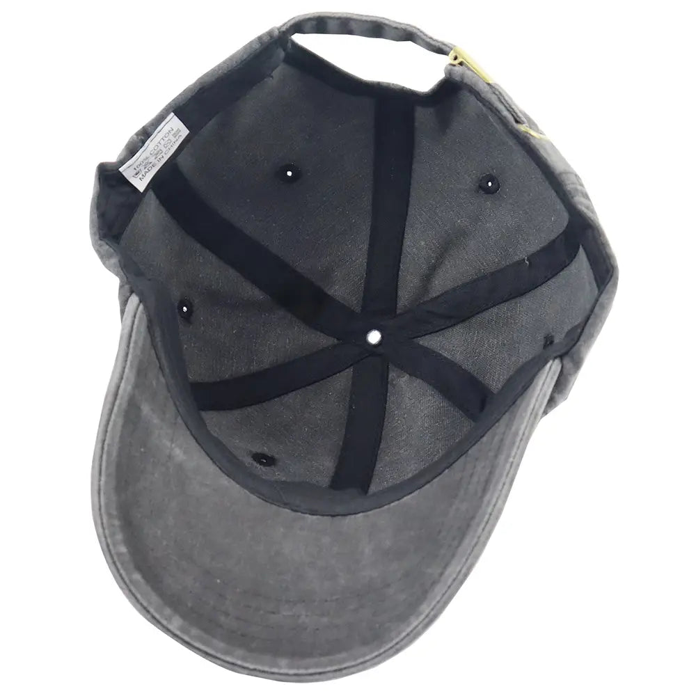 A dark gray cotton Faith Cross Distressed Vintage baseball cap with textured fabric, black straps, and a white button at the center.