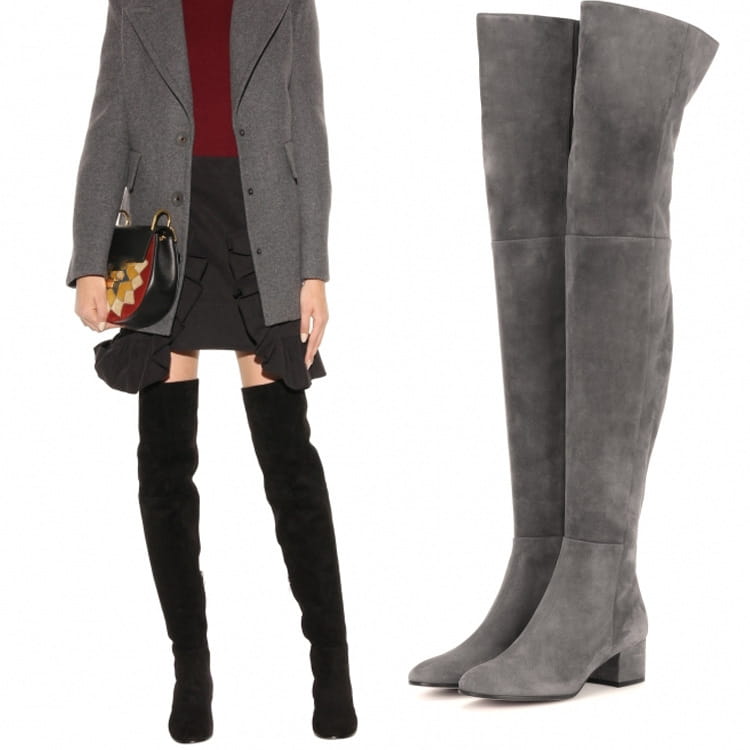 gray suede over the knee boots with a low block heel shown from the back side