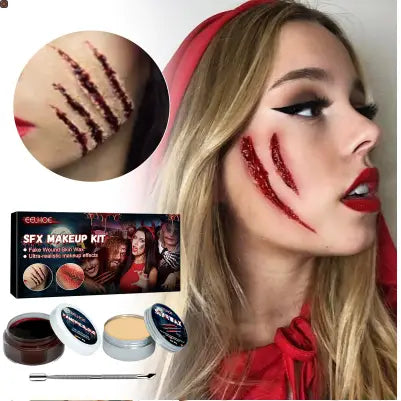 Coffret de maquillage pour égratignures rouge, avec des effets de cicatrices réalistes, conçu pour le maquillage à effets spéciaux et les blessures d’Halloween.