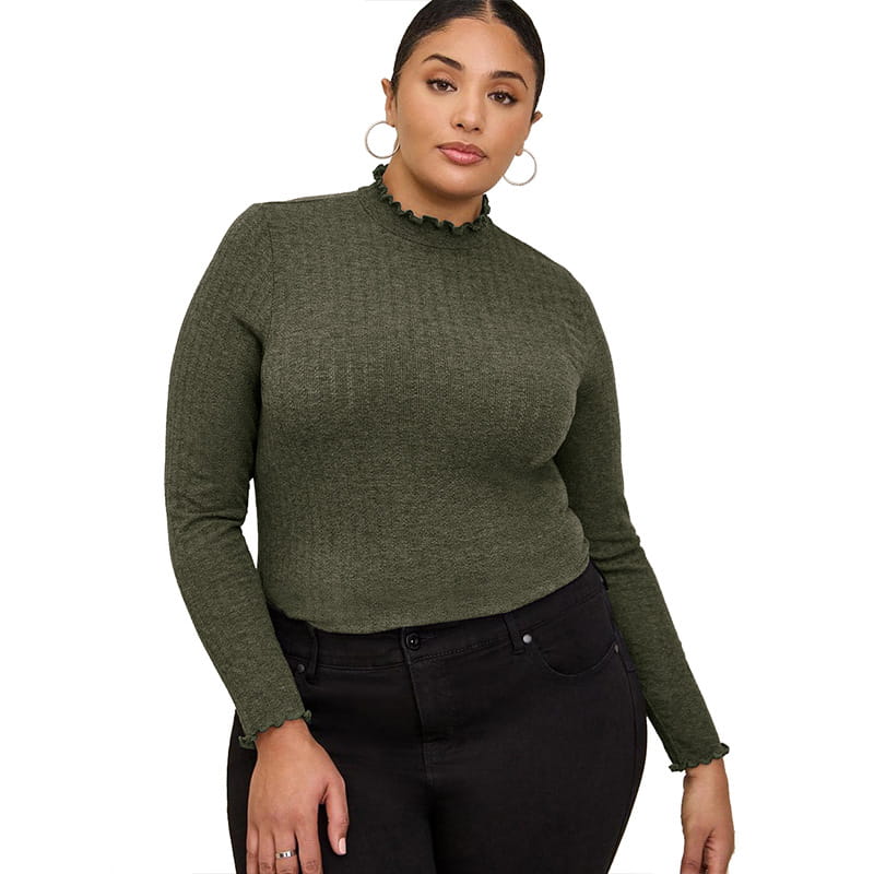 Women’s ruffled ribbed knit slim fit mock neck top in olive green featuring textured fabric with ruffled high neckline and cuffs long sleeves.