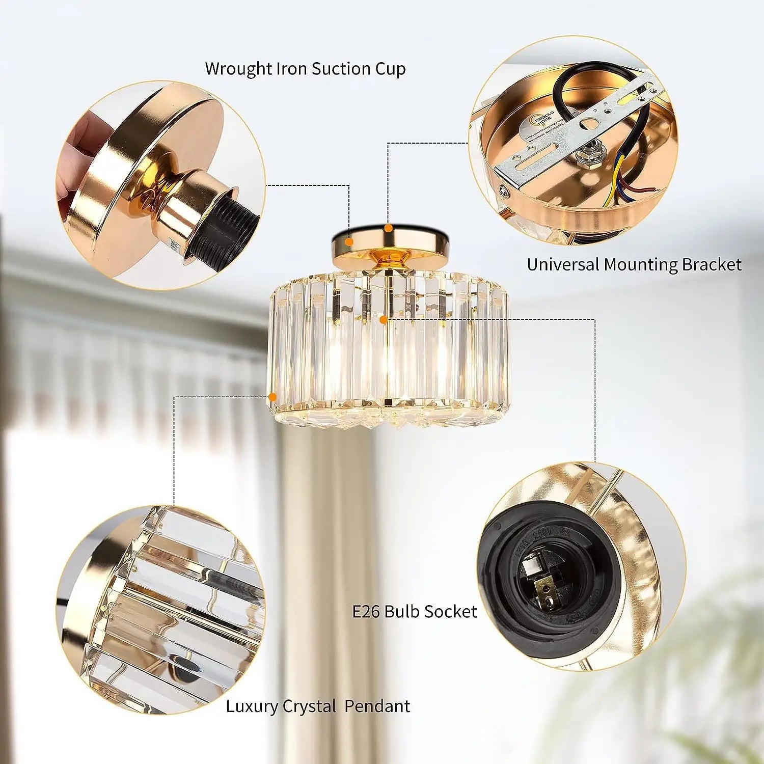 Crystal flush mount ceiling light rose gold chandelier with a gold-finished cylindrical design featuring clear faceted glass rods arranged in vertical columns.