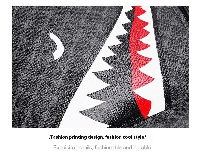 Black and red shark mouth graphic printed on a textured gray fabric large capacity geometric business pu backpack.