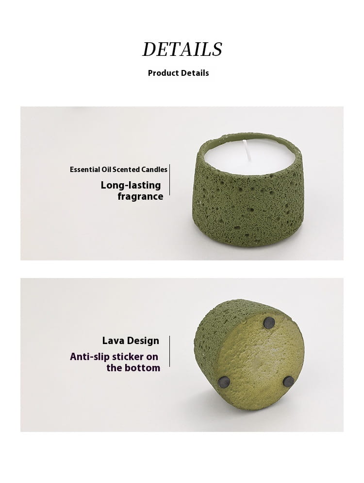 Support de bougie en ciment texturé aspect pierre volcanique vert olive, avec bougie en cire blanche et pastilles antidérapantes pour un usage en aromathérapie.