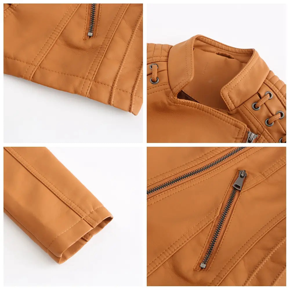 Damen-Tanfarbener Faux-Leder-Motorradjacke-Schlank-Fit-Mantel mit silbernen Reißverschlüssen und Schnürkragen-Details.