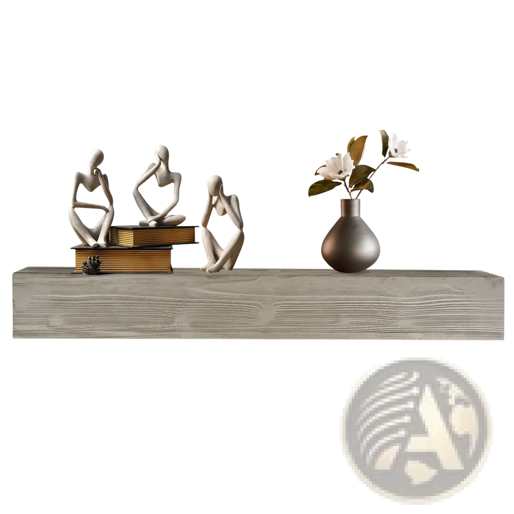 A sleek matte dark gray ceramic vase with rounded body and narrow neck displayed on a 72 inch rustic wood floating fireplace mantel shelf