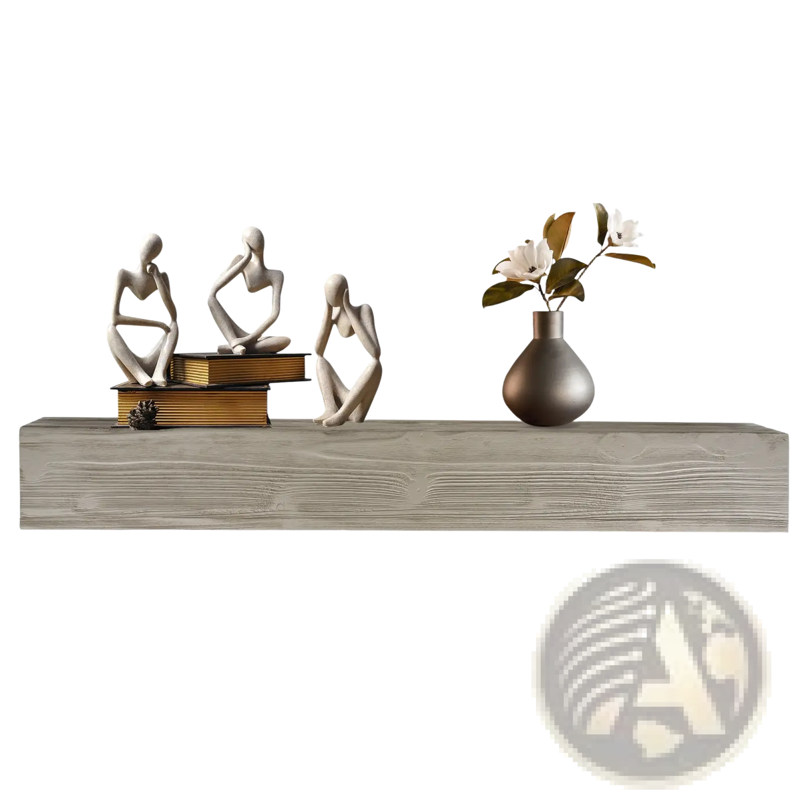 A sleek matte dark gray ceramic vase with rounded body and narrow neck displayed on a 72 inch rustic wood floating fireplace mantel shelf