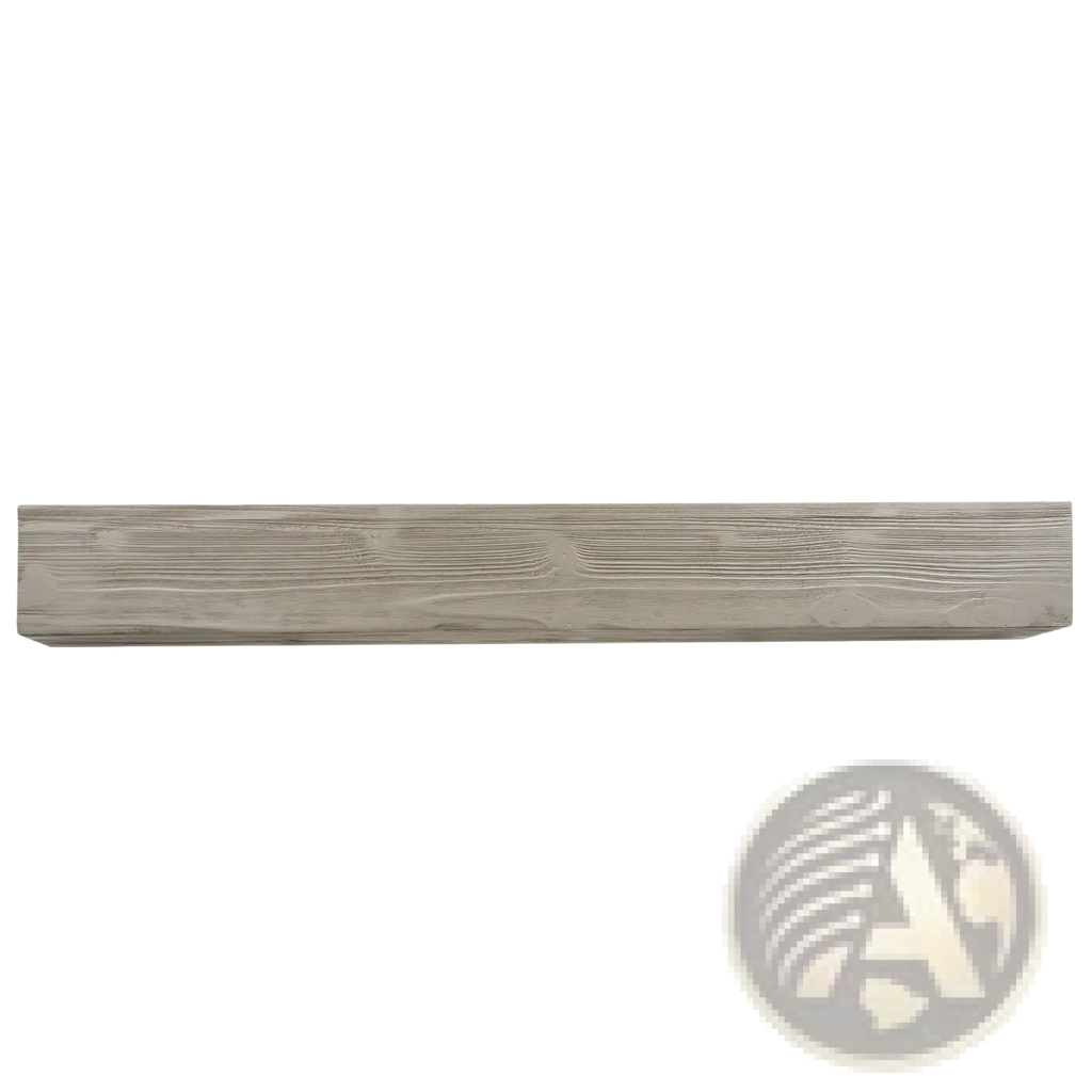 A 72 inch rustic wood floating fireplace mantel shelf with a weathered gray wood grain finish