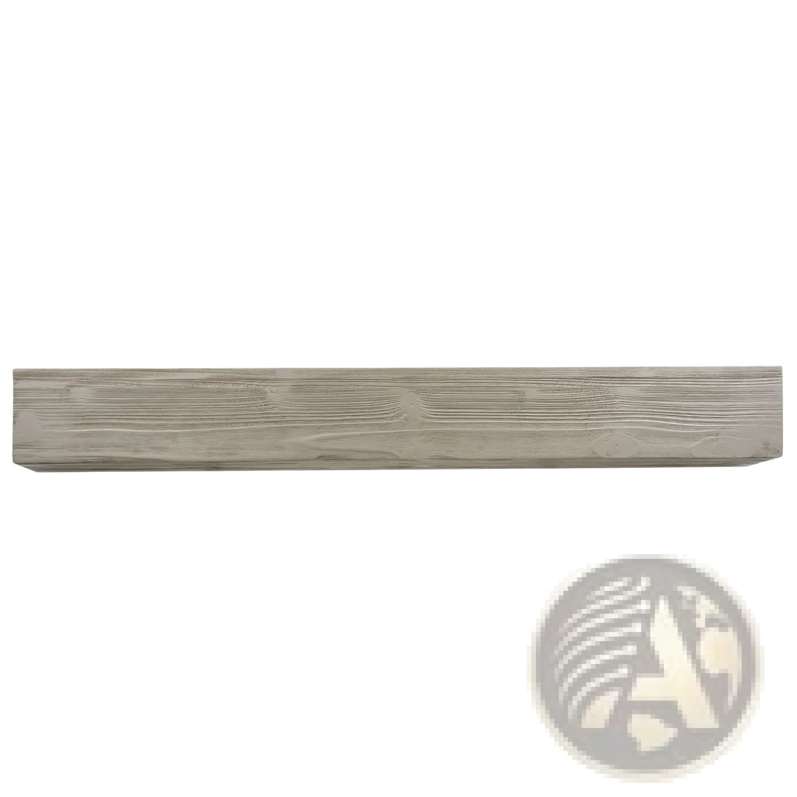 A 72 inch rustic wood floating fireplace mantel shelf with a weathered gray wood grain finish