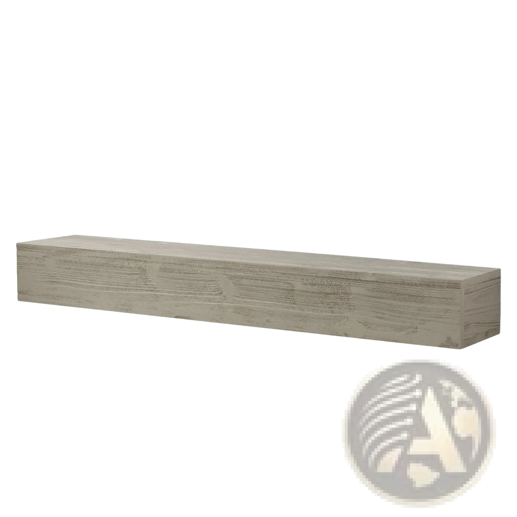 72 inch rustic wood floating fireplace mantel shelf with weathered gray finish and visible wood grain texture