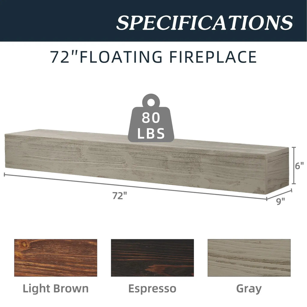 72 inch rustic wood floating fireplace mantel shelf in weathered gray with rustic wood grain texture available in three colors